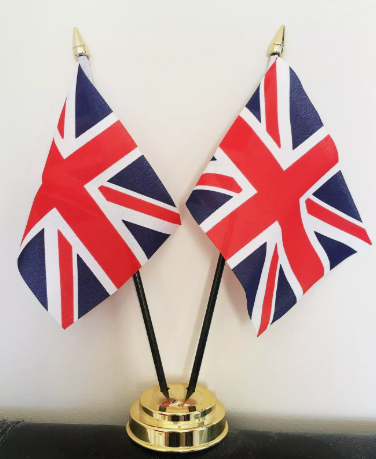 MEGA UNION JACK  TABLE FLAG SET 2 flags plus GOLDEN BASE
