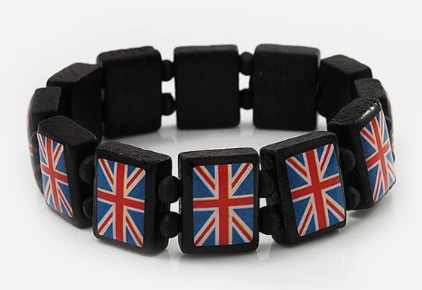 UK British Flag Union Jack Stretch Wooden Bracelet - up to 20cm length