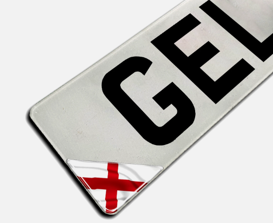 2 x 55mm Waving England St George Corner Number Plate Stickers - GLOSS DOMED