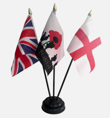 LEST WE FORGET and UNION JACK and ST GEORGE TABLE FLAG SET of 3 flags and base
